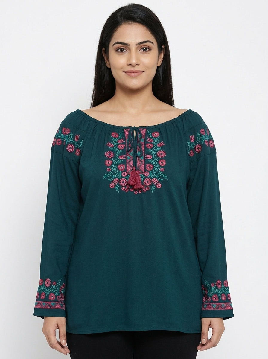 Teal Embroidered Off-Shoulder Tunic Top