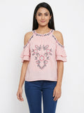 Pink Embroidered Cold Shoulder Top