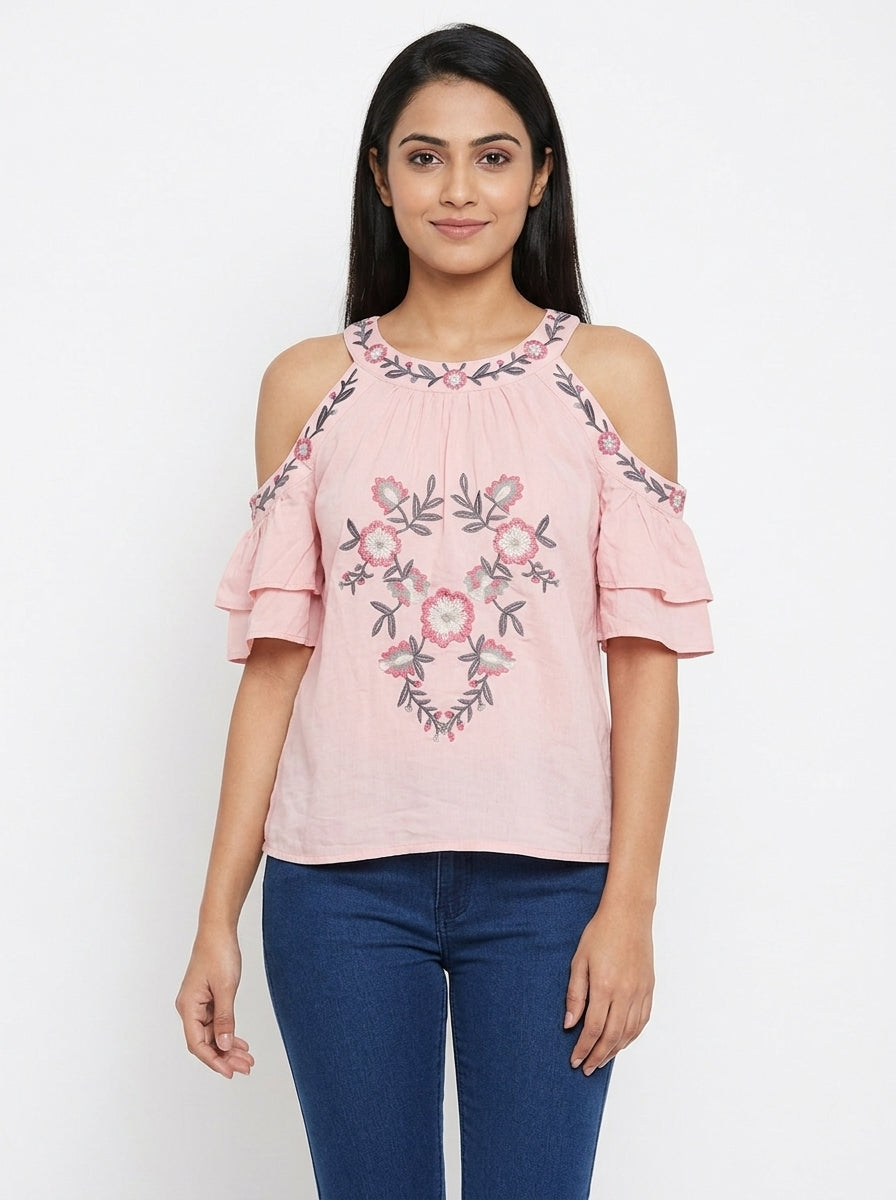 Pink Embroidered Cold Shoulder Top