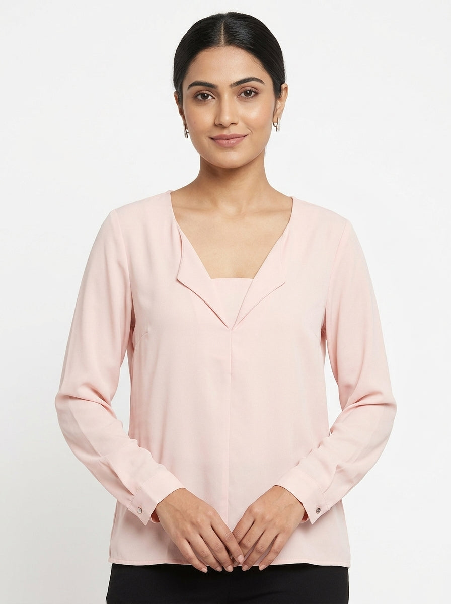 Light Pink V-Neck Long Sleeve Top
