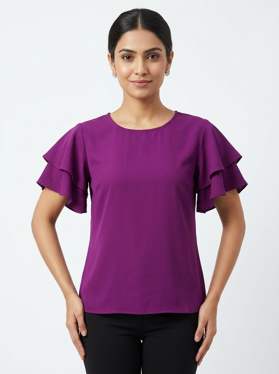 Chic Purple Ruffle Sleeve Top