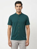 Teal Band Collar Casual Button-Down Top