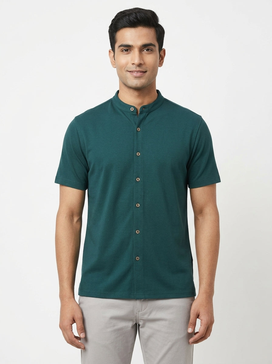 Teal Band Collar Casual Button-Down Top