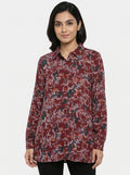 Burgundy Floral Print Long Sleeve Tunic Top
