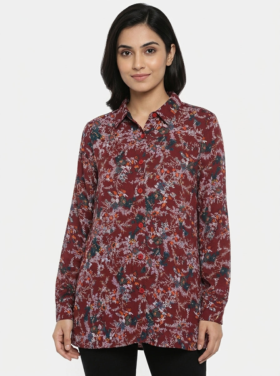 Burgundy Floral Print Long Sleeve Tunic Top