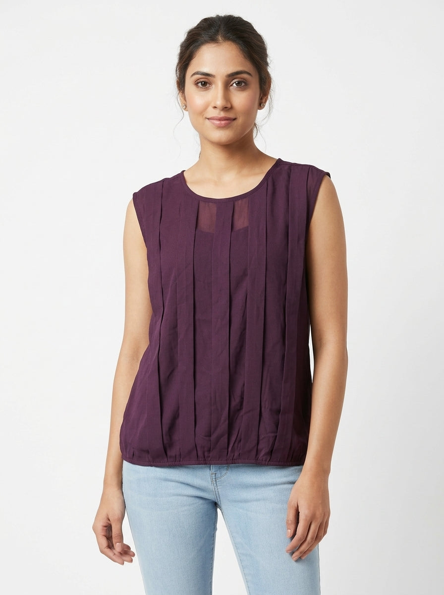 Women's Plum Pleated Sleeveless Relaxed Fit Top