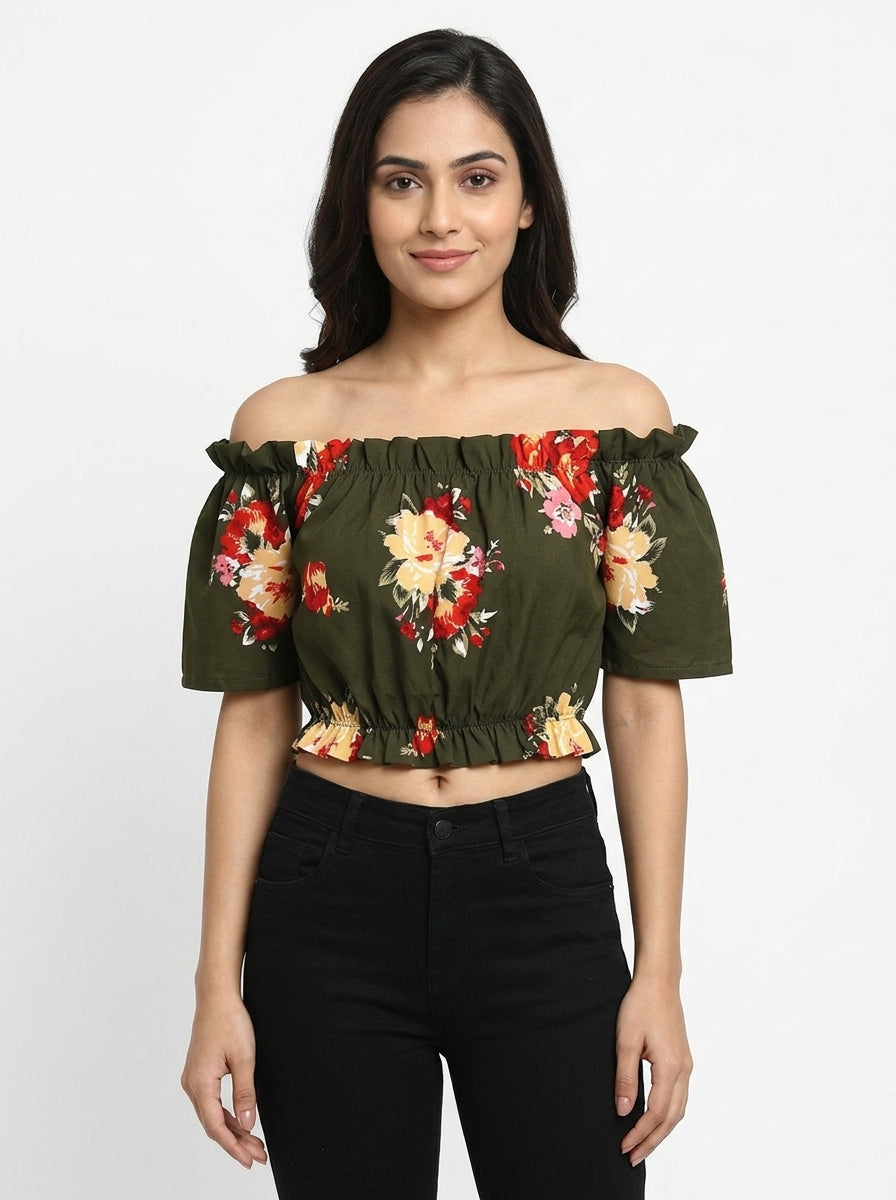 Olive Green Floral Off-Shoulder Crop Top