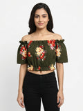 Olive Green Floral Off-Shoulder Crop Top