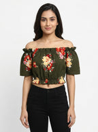 Olive Green Floral Off-Shoulder Crop Top
