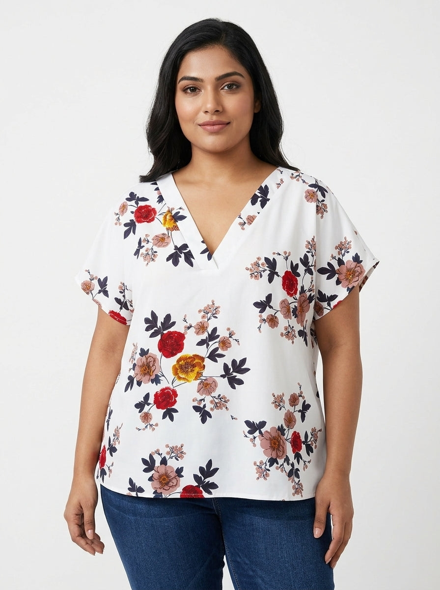 White Floral Print V-Neck Relaxed Fit Top