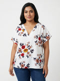 White Floral Print V-Neck Relaxed Fit Top