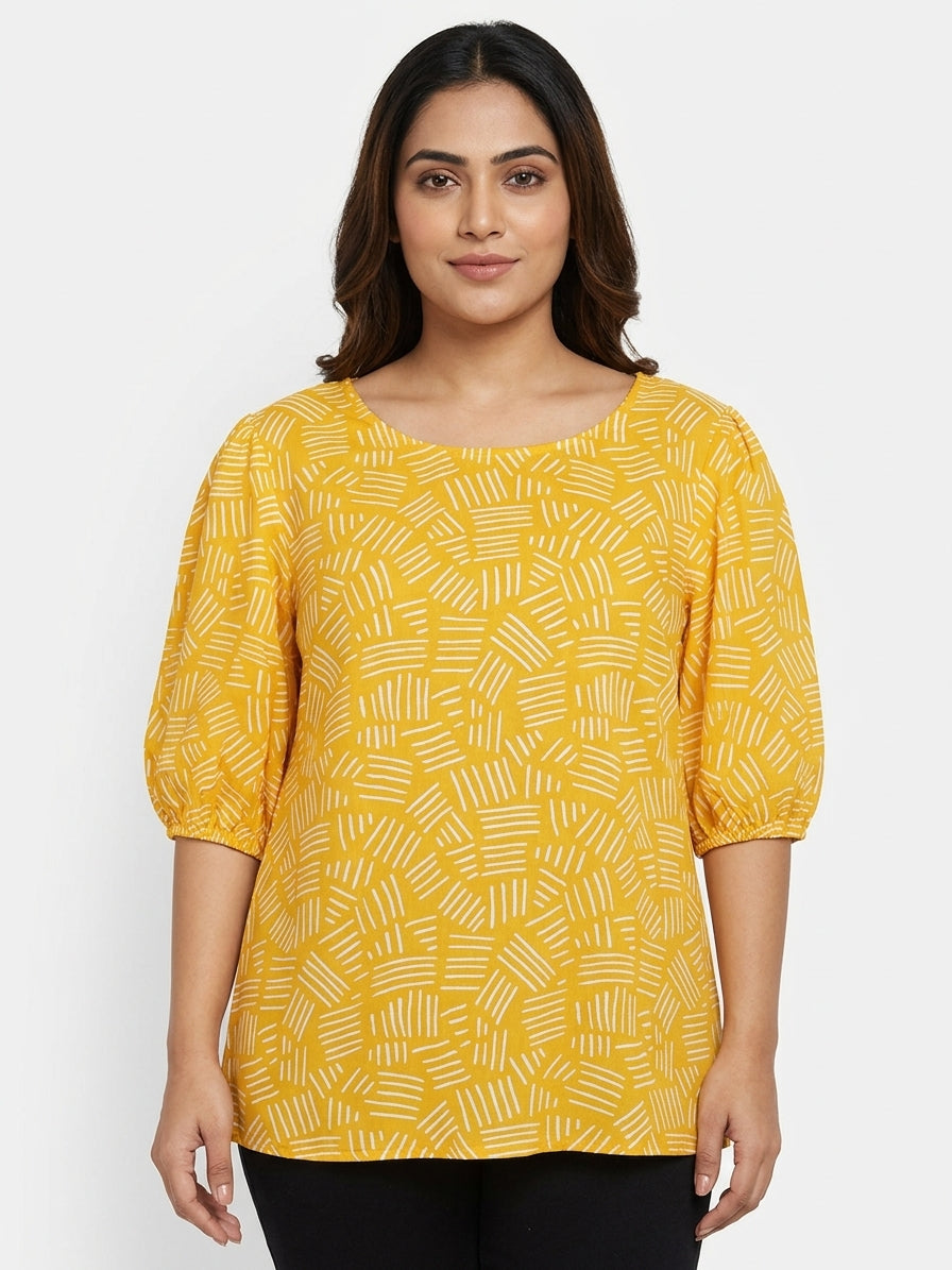 Yellow Abstract Print Relaxed Fit Top