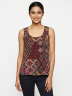 Women's Red Geometric Print Sleeveless Top with Sheer Details