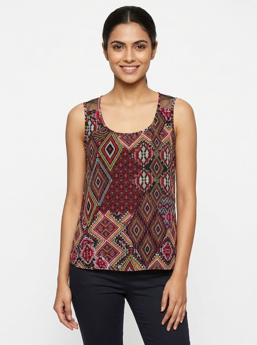 Women's Red Geometric Print Sleeveless Top with Sheer Details