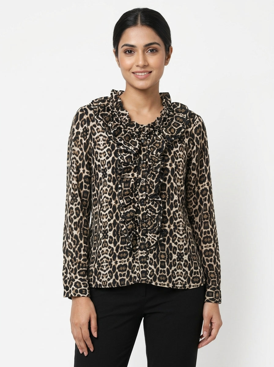 Women's Beige & Black Leopard Print Ruffled Blouse