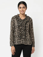 Women's Beige & Black Leopard Print Ruffled Blouse