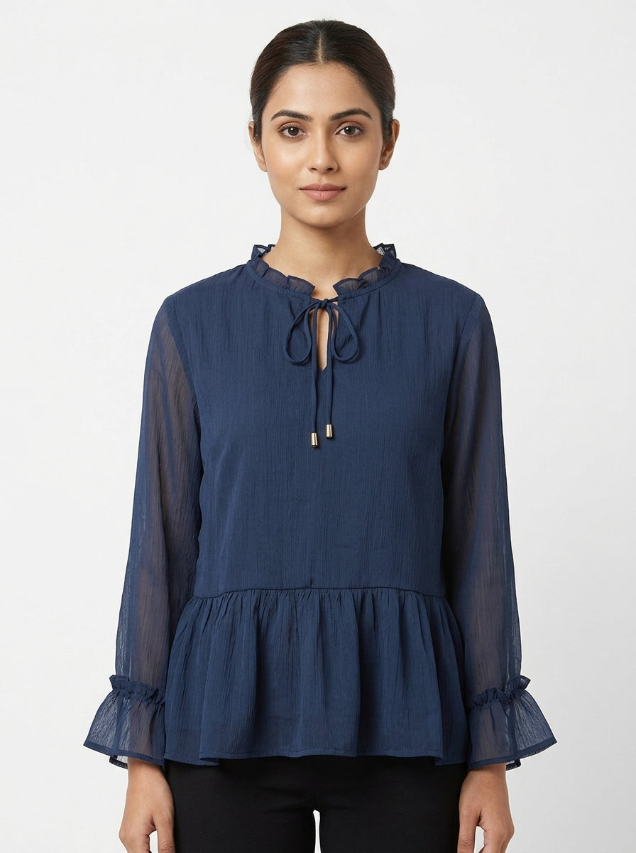 Carlton London Blue Ruffled Long Sleeve Peplum Top