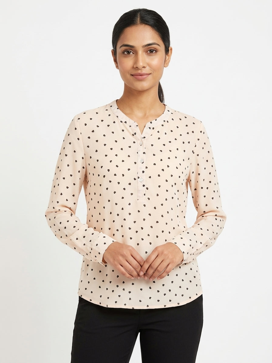 Women's Cream Heart Print Long Sleeve Blouse