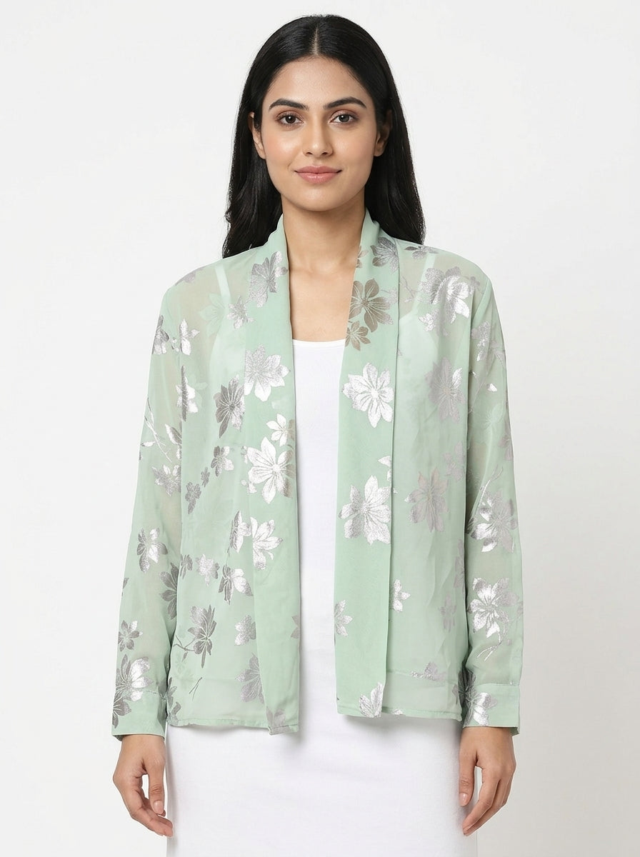 Mint Green Floral Print Open-Front Shrug