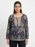 Navy Floral and Paisley Printed V-Neck Casual Top