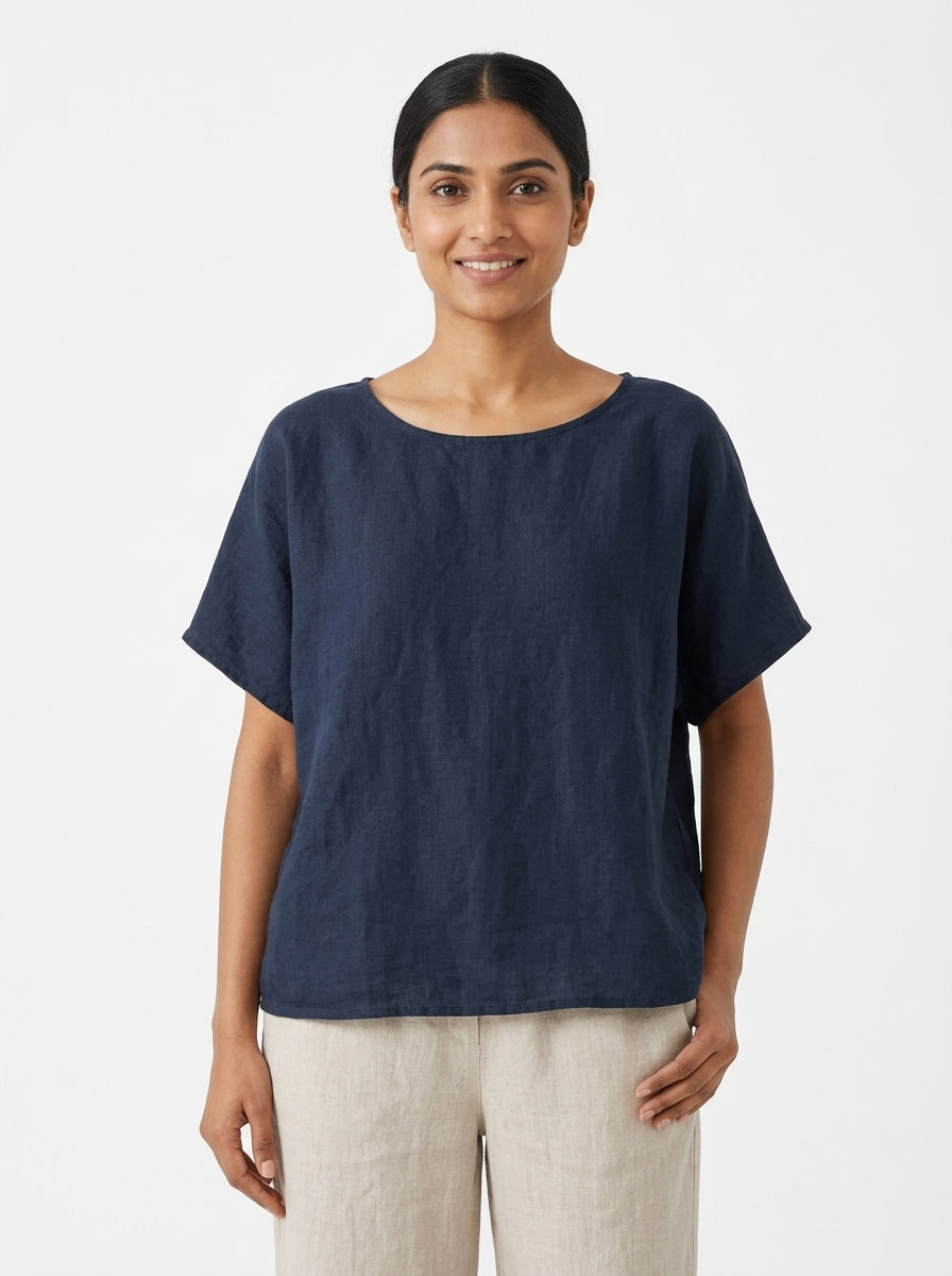 GRAE Linen Relaxed Fit Navy Top
