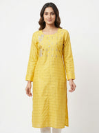 Yellow Striped Embroidered Kurti