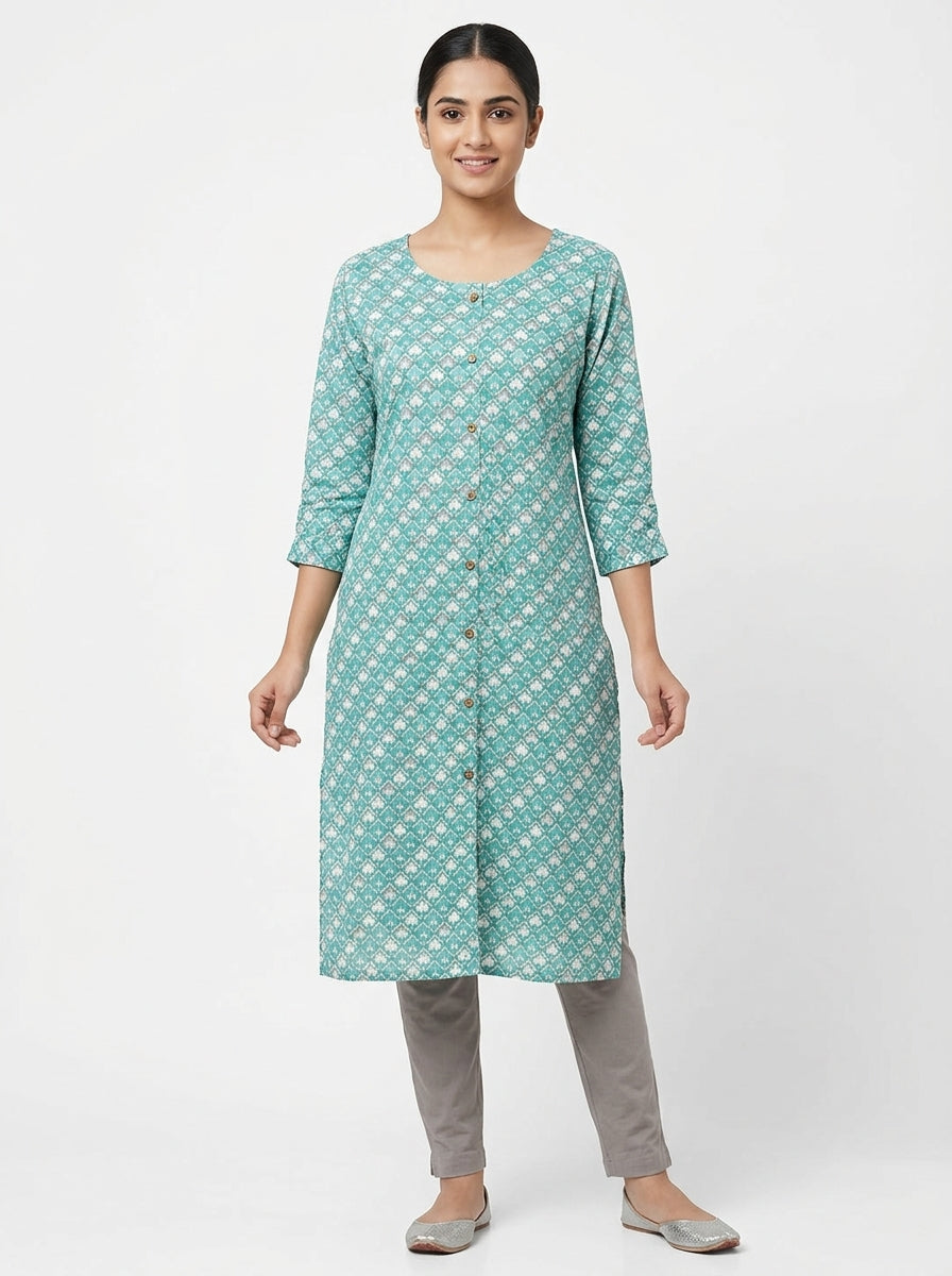 Teal Geometric Print Cotton Kurti