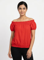 Red Shirred Neckline Off-Shoulder Top