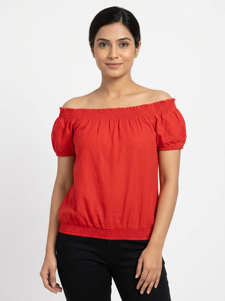 Red Shirred Neckline Off-Shoulder Top