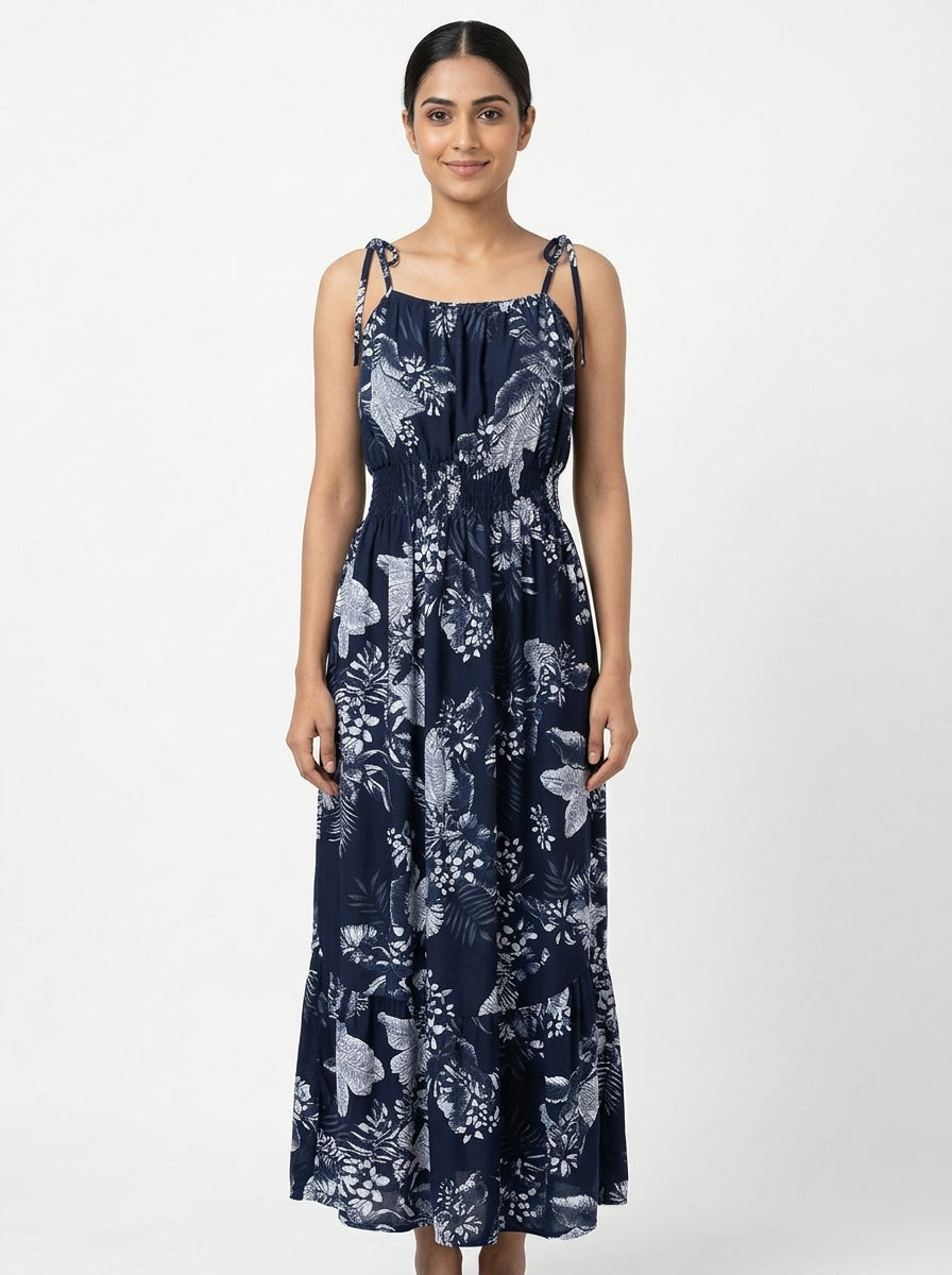 Navy Floral Print Sleeveless Maxi Dress
