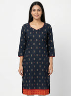 Navy Printed V-Neck Kurti with Red Accents
