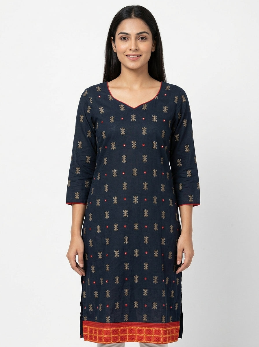 Navy Printed V-Neck Kurti with Red Accents