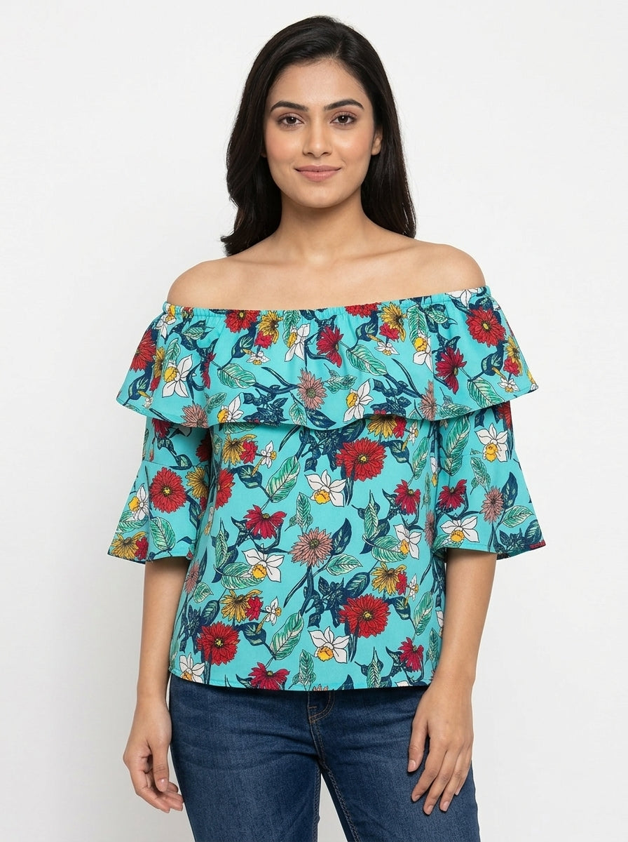 Women's Turquoise Floral Off-Shoulder Top