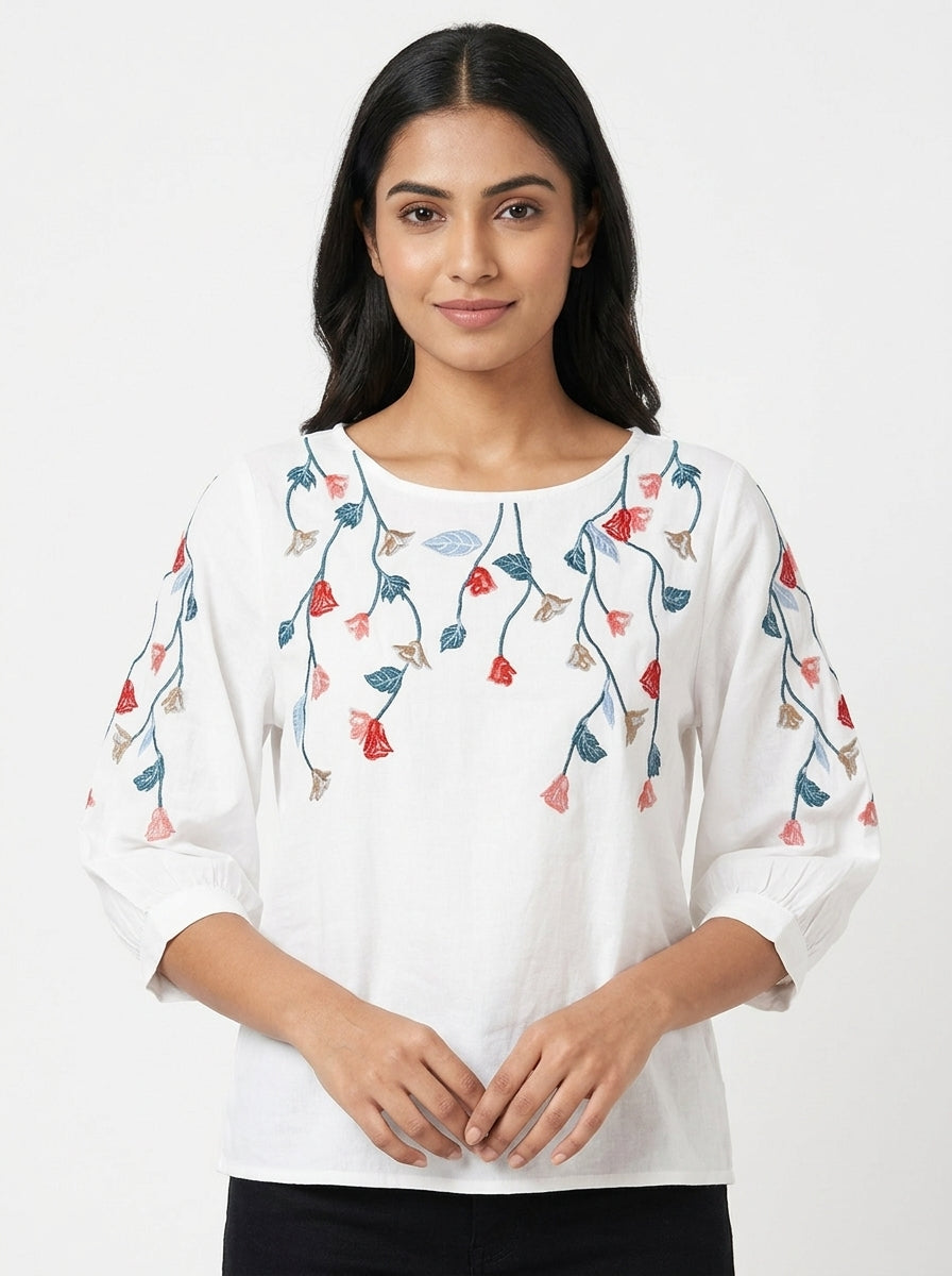 White Embroidered Floral Casual Top