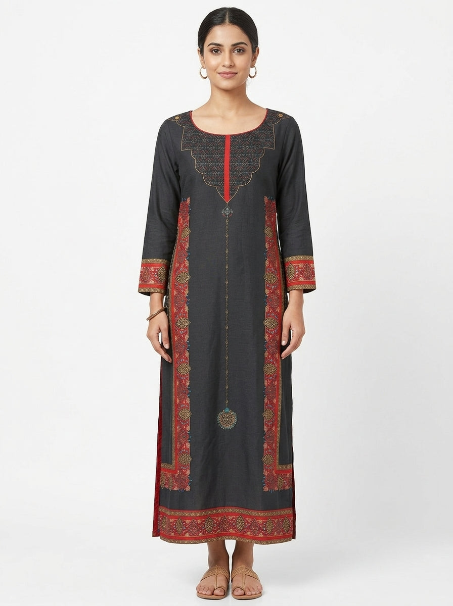 Women's Charcoal Printed Straight Kurta