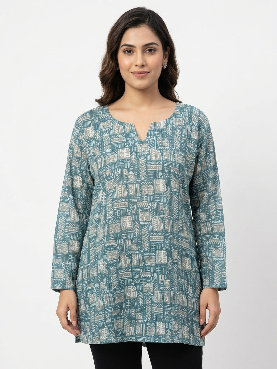 Women's Teal Abstract Print Relaxed Fit Tunic Top