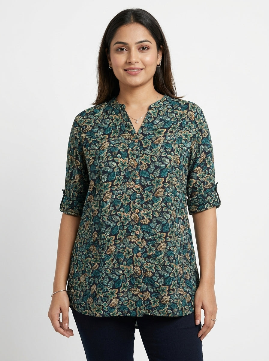 Women's Navy Floral Leaf Print Button-Front Tunic Top