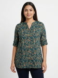 Women's Navy Floral Leaf Print Button-Front Tunic Top