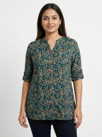 Women's Navy Floral Leaf Print Button-Front Tunic Top