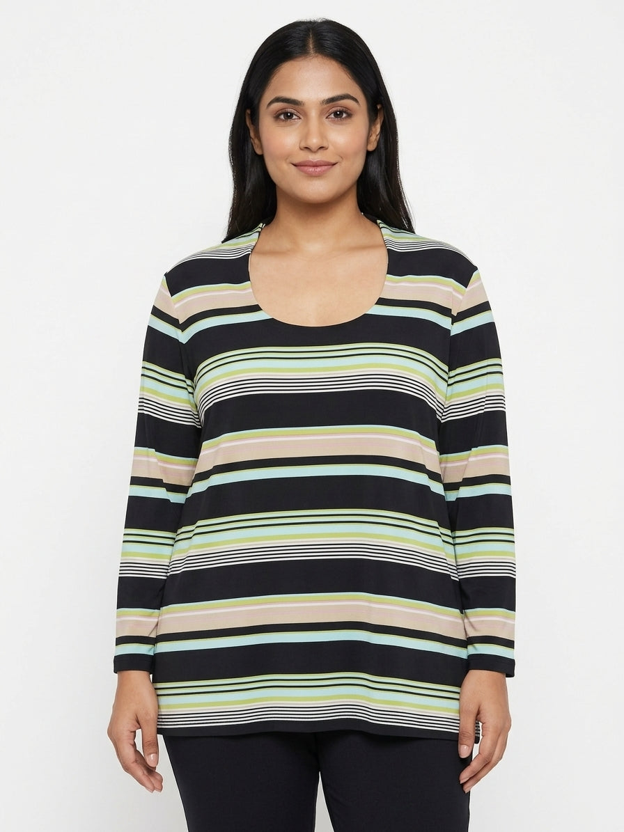 Women's Multi-Color Striped Long Sleeve Scoop Neck Top