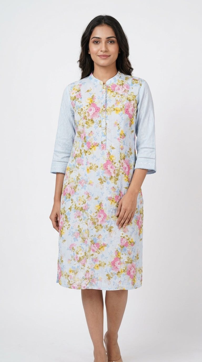 Light Blue Floral Printed Cotton Kurti