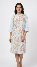 Light Blue Floral Printed Cotton Kurti
