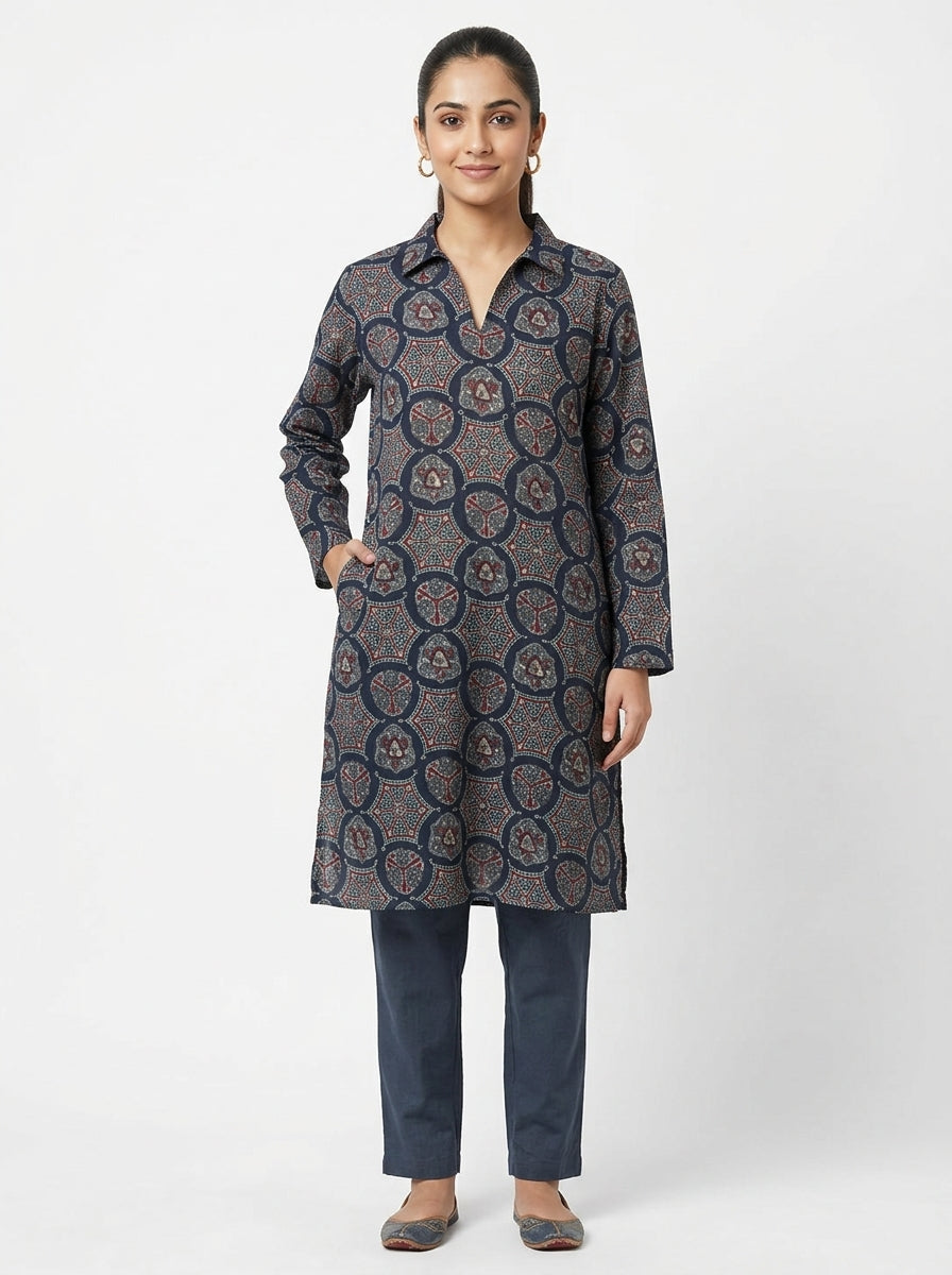 Navy Blue Ethnic Printed Kurti
