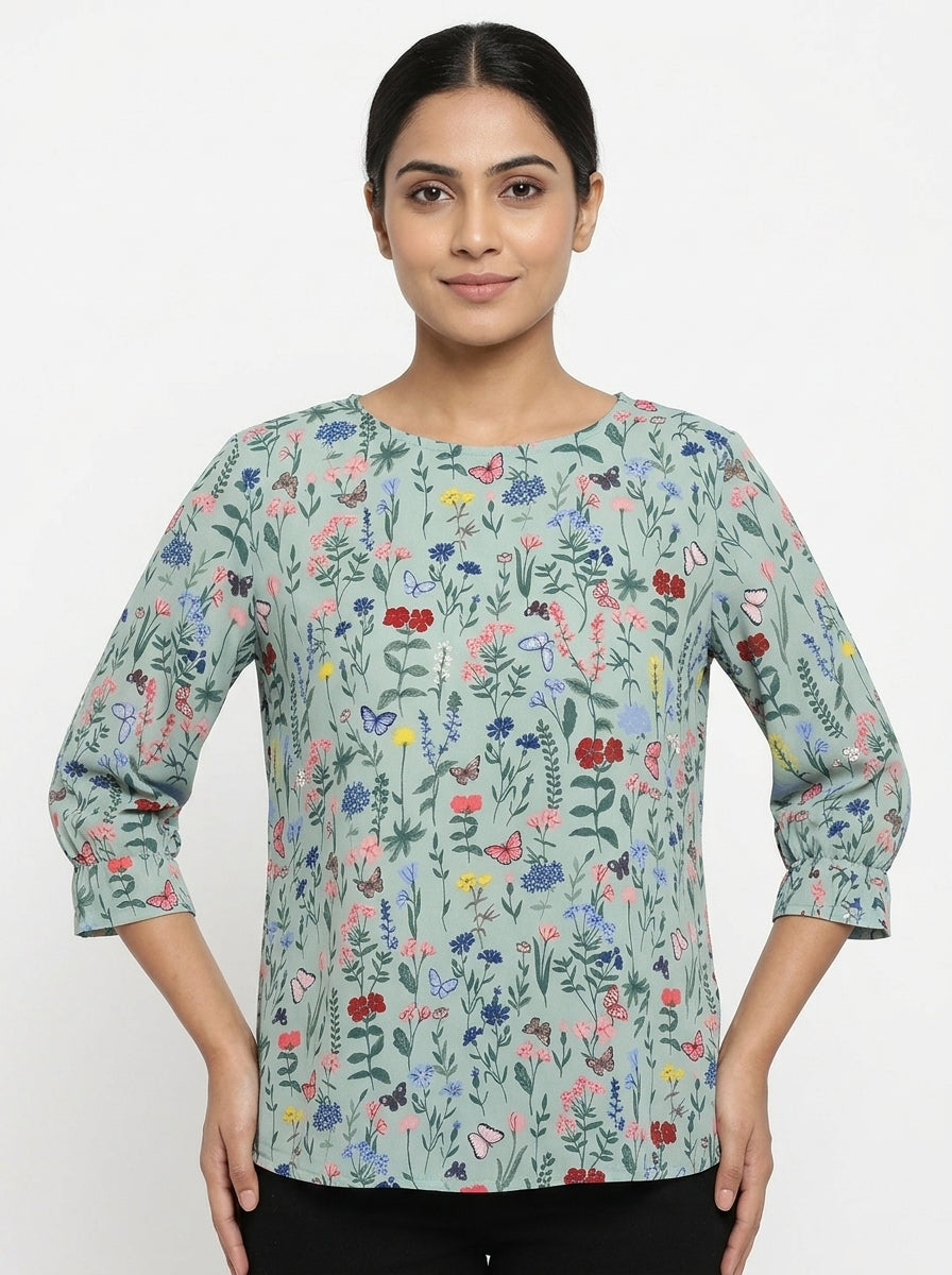 Women's Mint Floral Butterfly Print Top