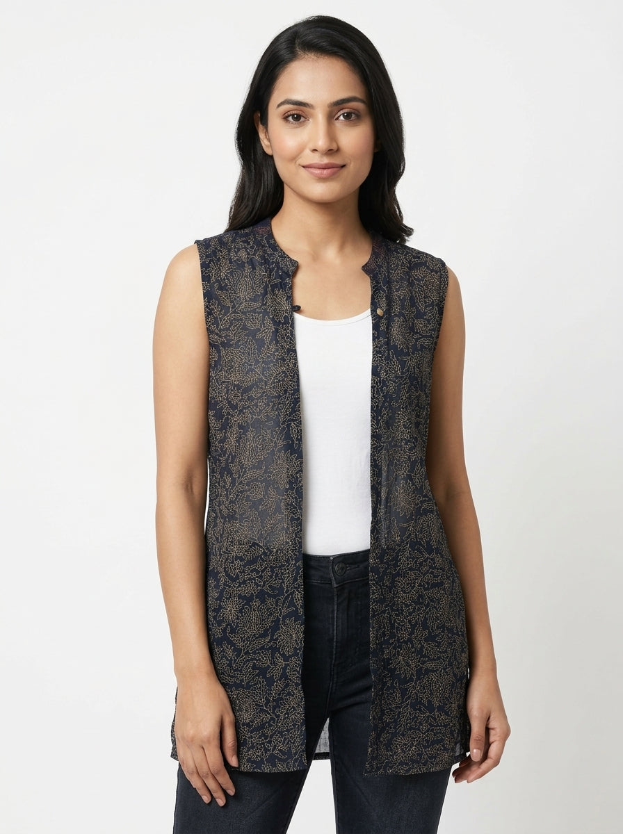Women's Navy Floral Print Sleeveless Shrug