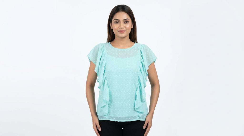 Women's Ruffled Swiss Dot Turquoise Top