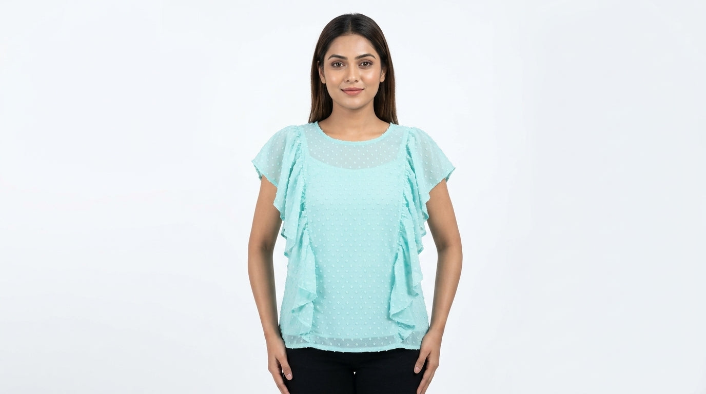 Women's Ruffled Swiss Dot Turquoise Top