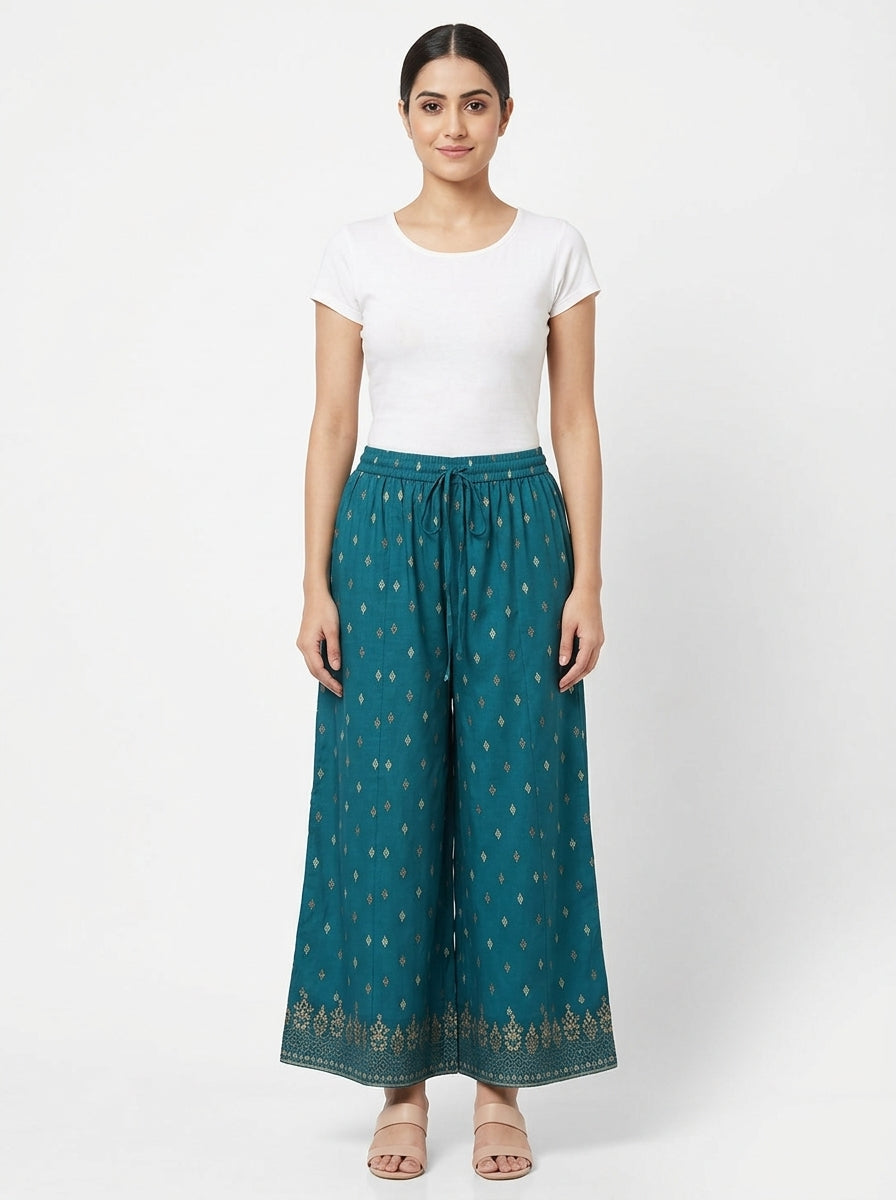 Teal Printed Relaxed Fit Palazzo Pants