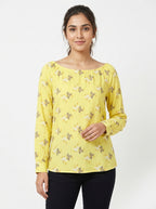 Yellow Floral Print Casual Long Sleeve Top