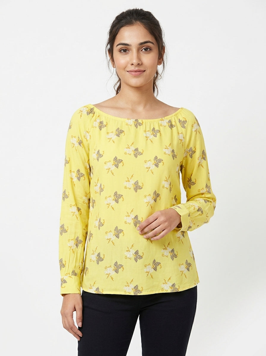 Yellow Floral Print Casual Long Sleeve Top